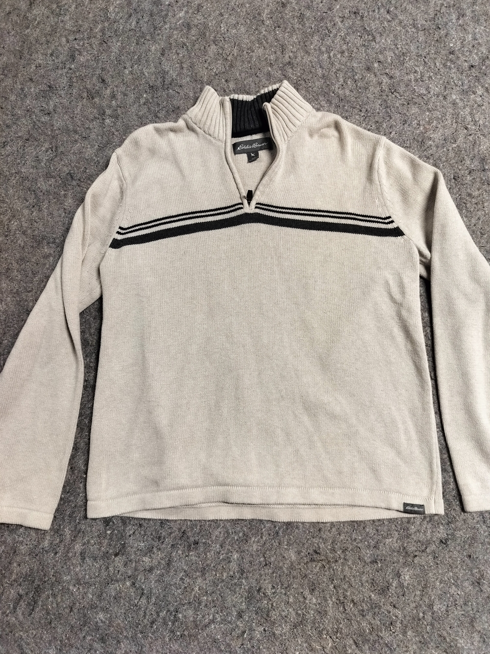 Eddie Bauer Men’s Cream Quarter-Zip Sweater with Black Stripe